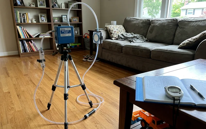 Air sampling pump with a spore trap cassette on a tripod
