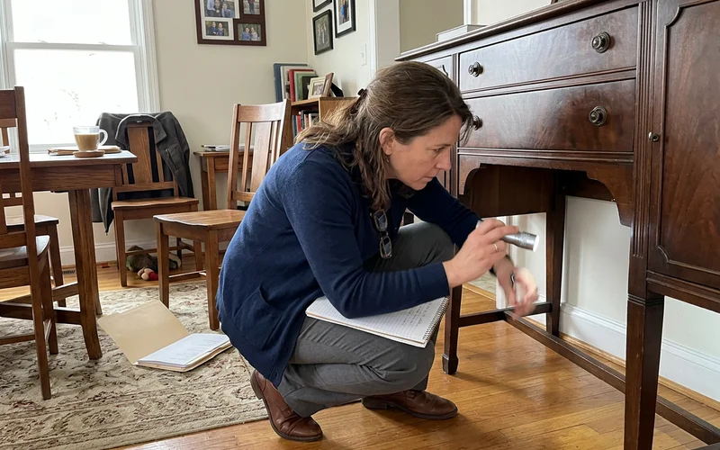 Appraiser examining antique furniture in a family home