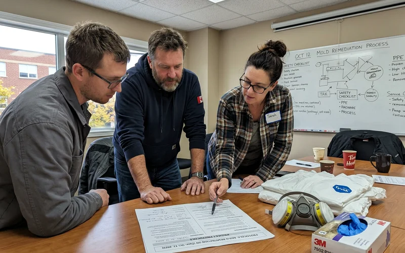 Technicians reviewing remediation protocols during training