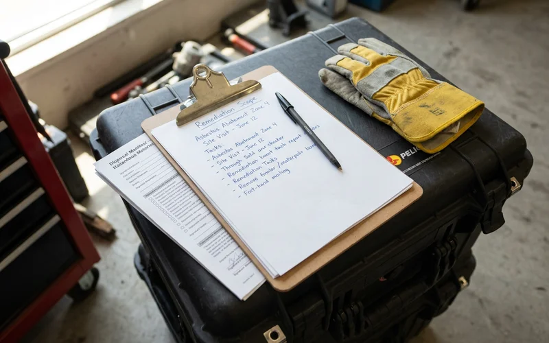 A written remediation scope and disposal manifest on a clipboard