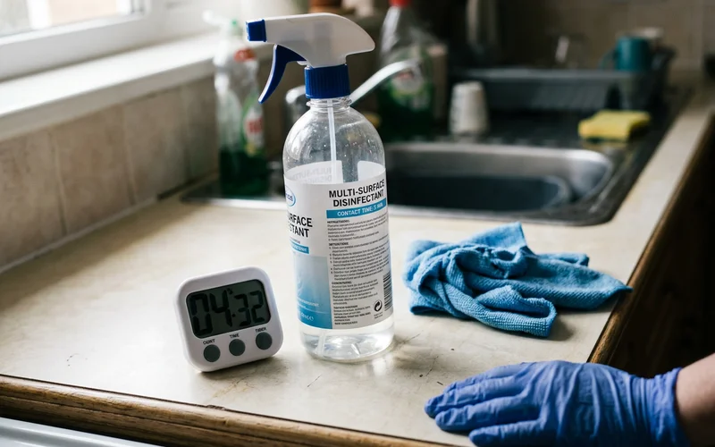 Disinfectant label and timer showing required contact time