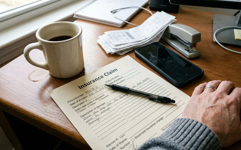 An insurance claim form and pen on a desk
