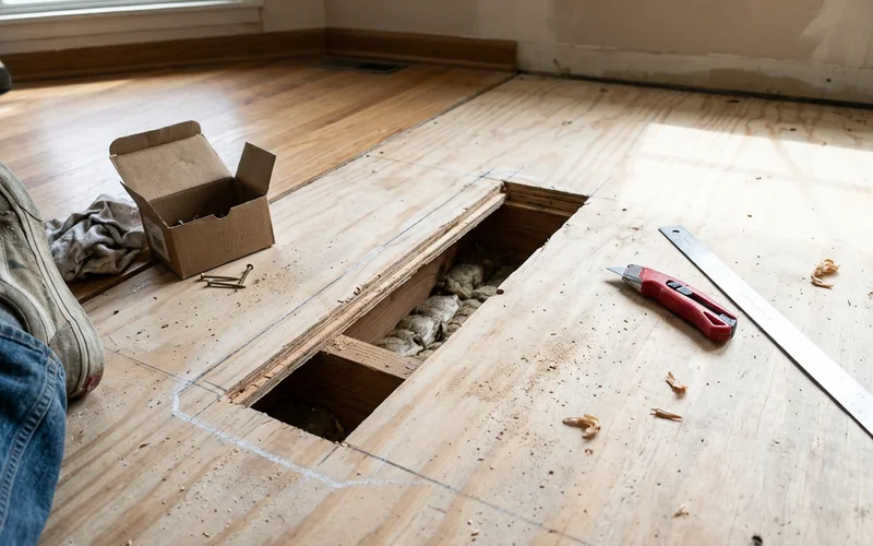 Exposed subfloor with a marked removal line