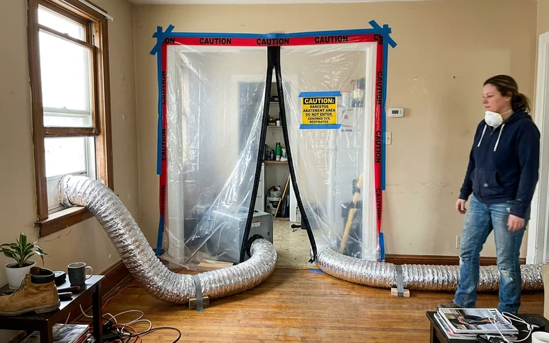 Containment barrier and negative air machine set up in a room