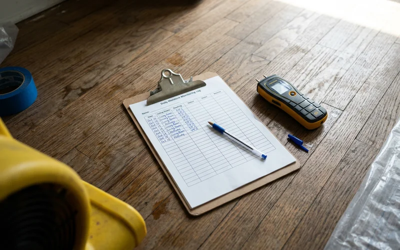 Daily moisture monitoring log beside a meter