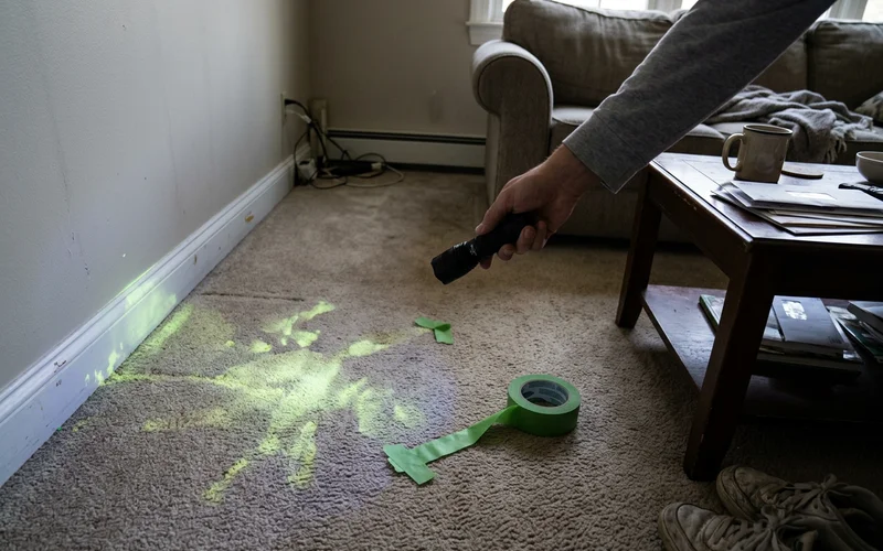 UV light revealing pet urine contamination on carpet and baseboard