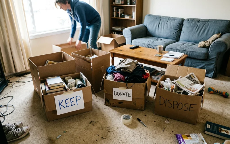 Boxes organised into keep, donate, and dispose groups