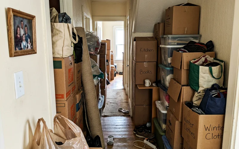 A narrow walking path between stacked belongings in a hallway