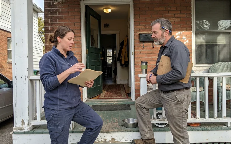 Outreach worker and technician coordinating on a front porch
