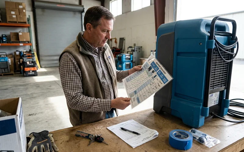 Reading an equipment sizing chart beside a dehumidifier