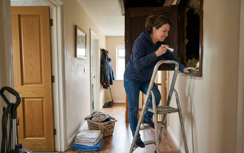 Person investigating a musty smell at an attic hatch