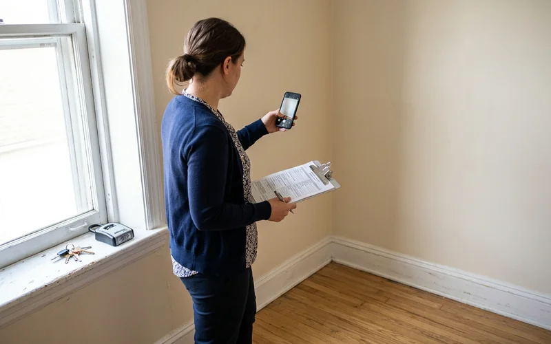 Property manager documenting unit condition with photographs