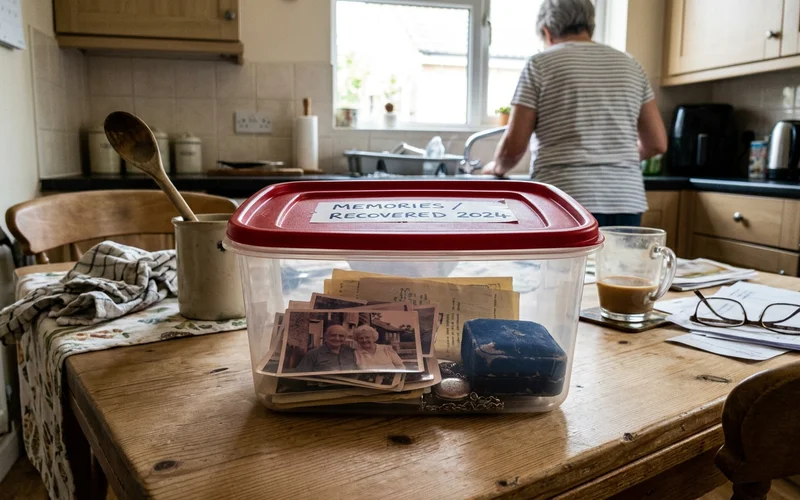 Recovered photographs and documents set aside in a protective container