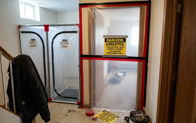 Sealed containment barrier with asbestos warning signage