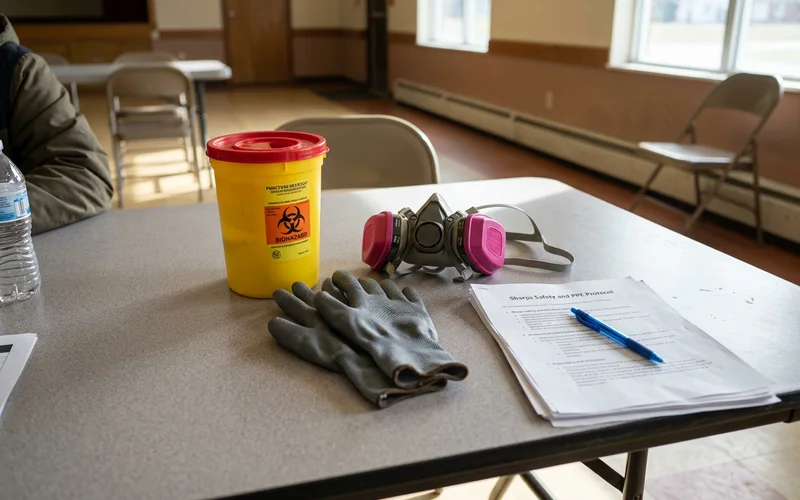 PPE and sharps handling samples laid out for a training session