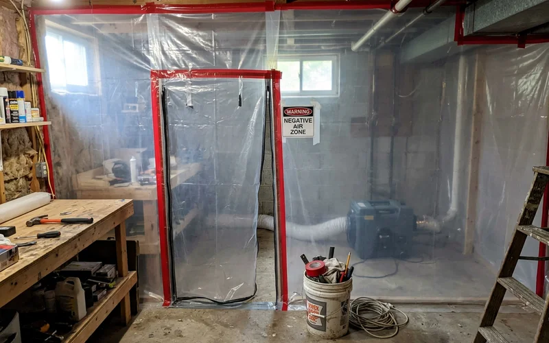 Containment set up in a basement before remediation begins