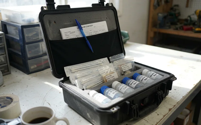 Surface sampling kit and neutralising agents staged for use