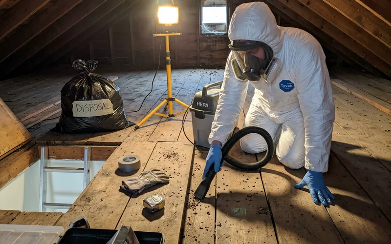 Technician HEPA-vacuuming an attic in protective equipment