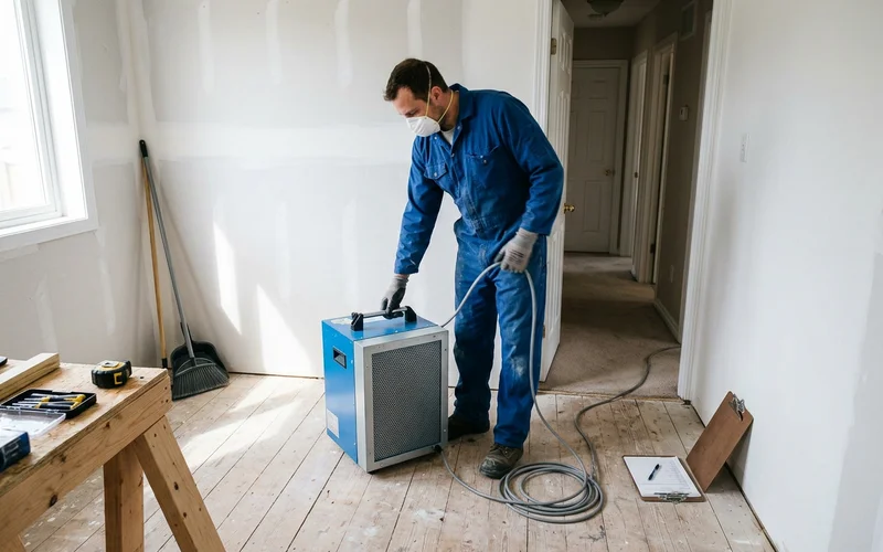 Technician setting up odour treatment equipment in an emptied room
