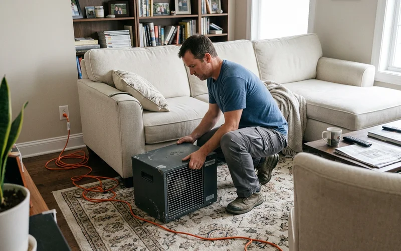 Technician placing a hydroxyl generator in an occupied home
