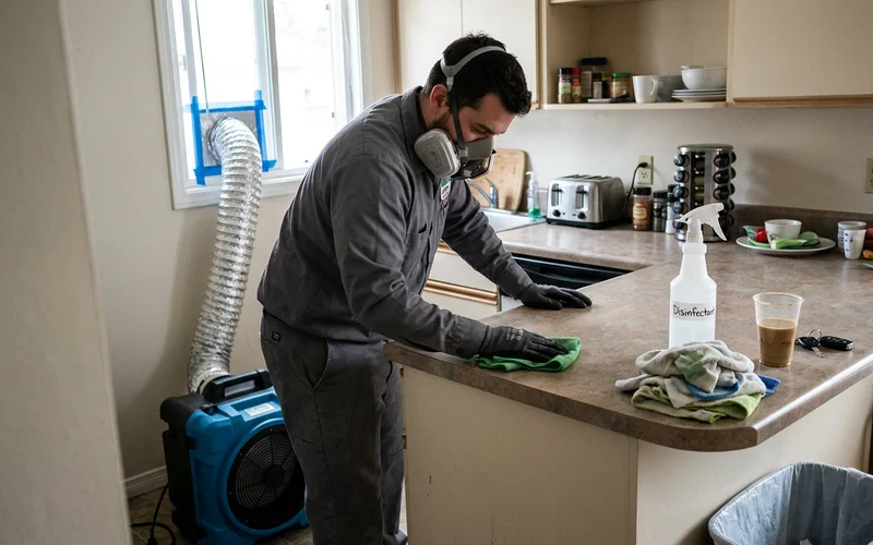 Technician disinfecting a cleared kitchen surface