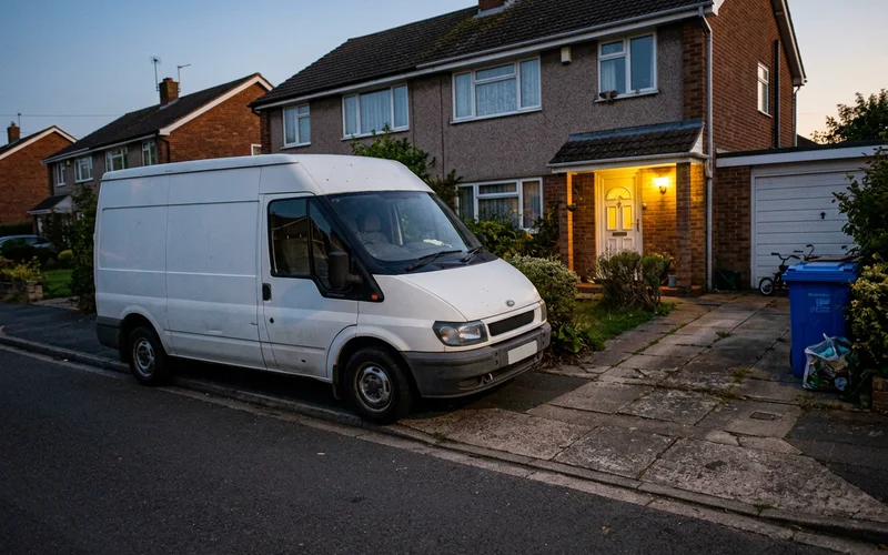 Unmarked service van parked outside a residential home