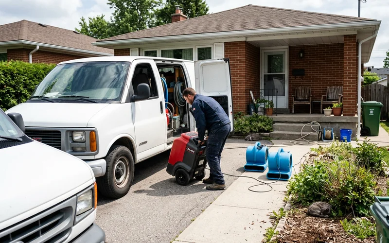 Service van unloading drying equipment outside a Hamilton home