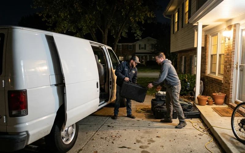 Unmarked van arriving at a residential home with technicians unloading