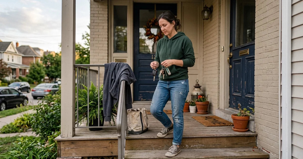 A person pausing outside a closed residential front door