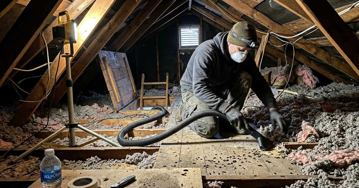 Attic insulation with visible rodent contamination