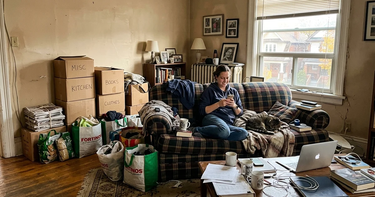 A cluttered living room with stacked belongings along the walls
