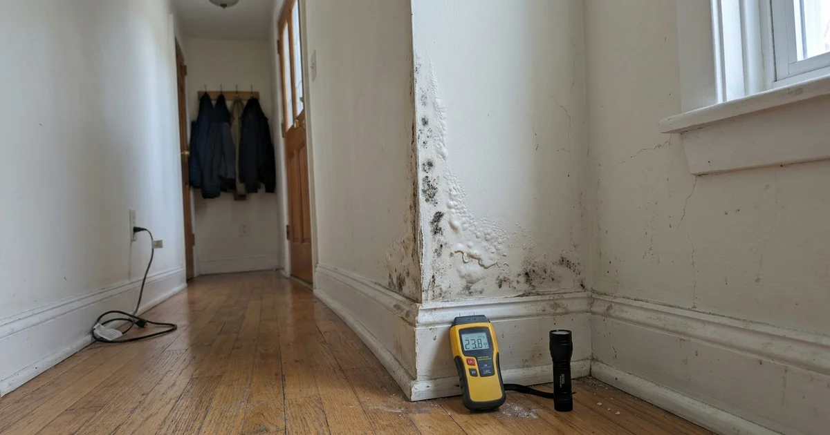 Damp drywall beginning to show mould growth above a baseboard