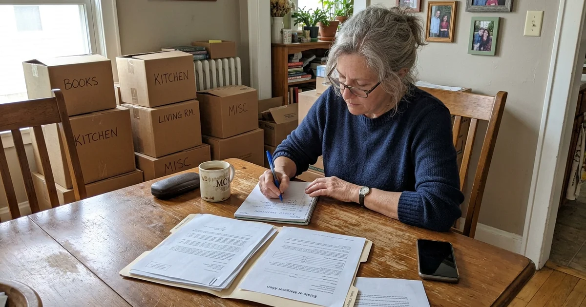 Executor reviewing documents and an inventory list in a family home