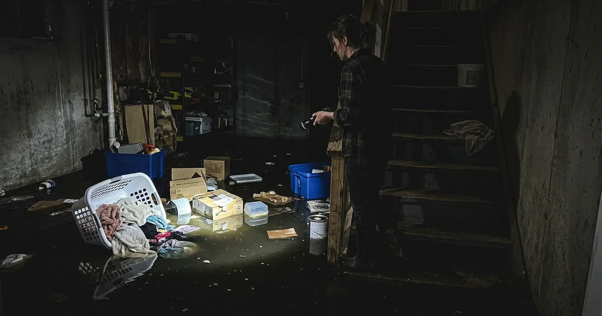 Homeowner looking at standing water from the basement stairs