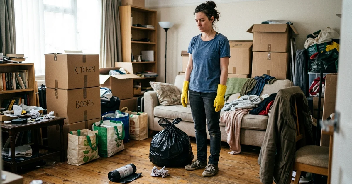 Person in household gloves standing overwhelmed in a cluttered room