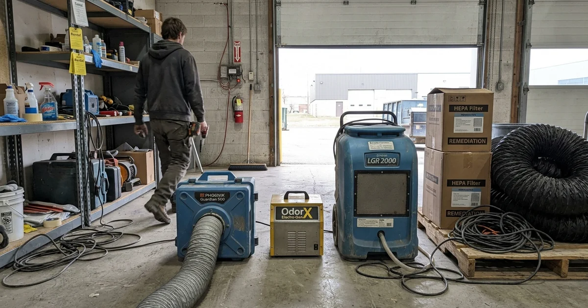 Rental air scrubber, ozone generator, and dehumidifier lined up