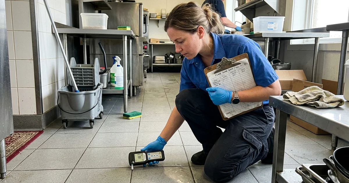 Technician using a handheld ATP luminometer on a cleaned surface