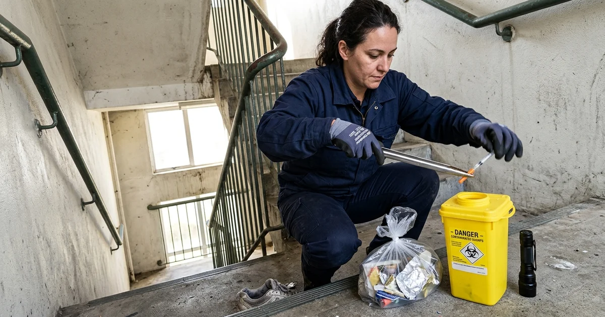 Technician recovering a discarded needle with tongs into a sharps container