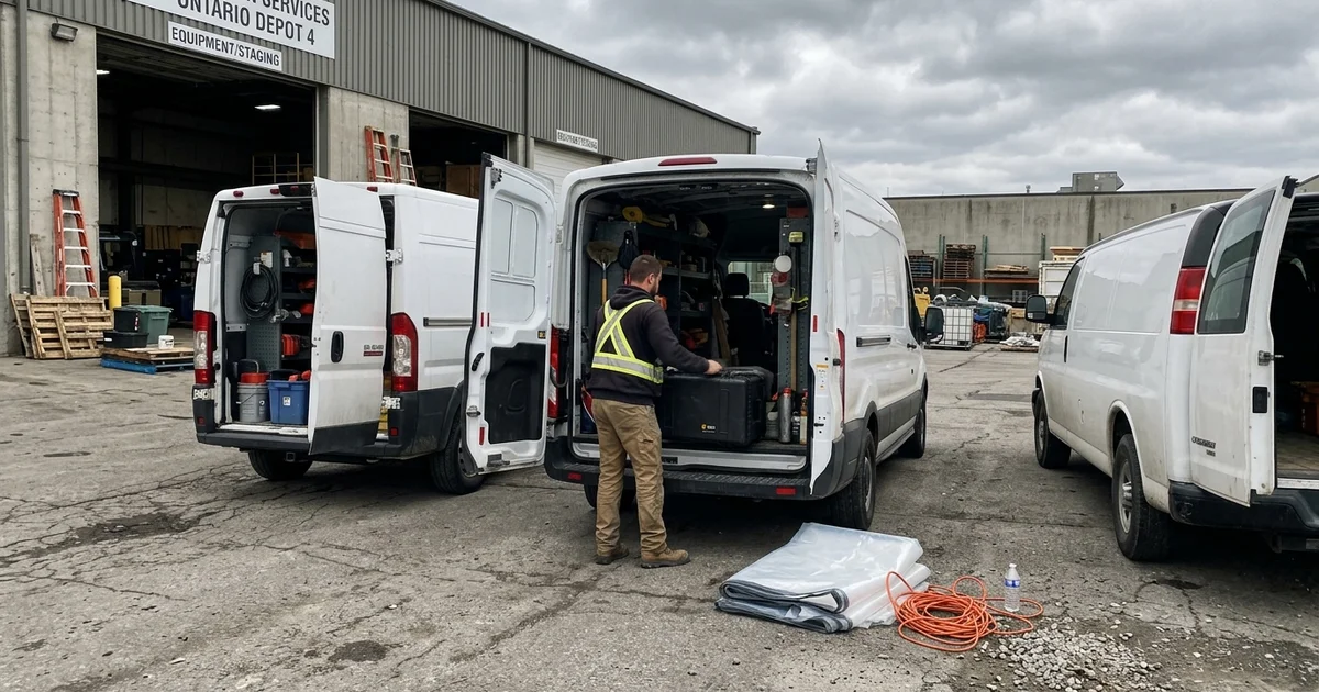 Unmarked service vans being loaded at a remediation depot
