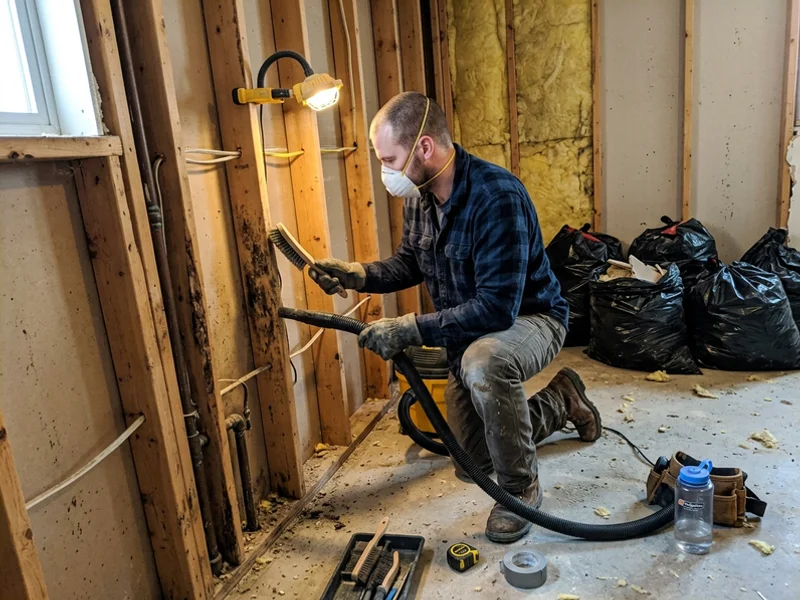 HEPA vacuuming mould from exposed studs after drywall removal