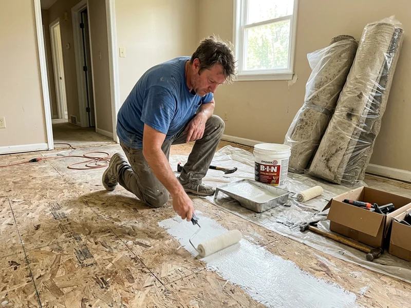 Applying stain-blocking odour sealer to exposed subfloor
