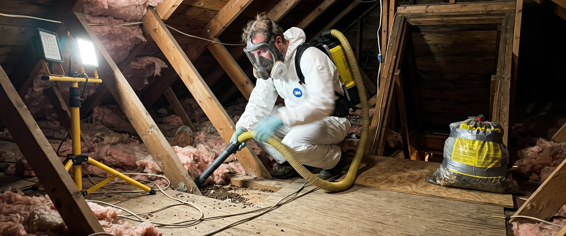 Technician HEPA-vacuuming rodent droppings from an attic in full protective equipment