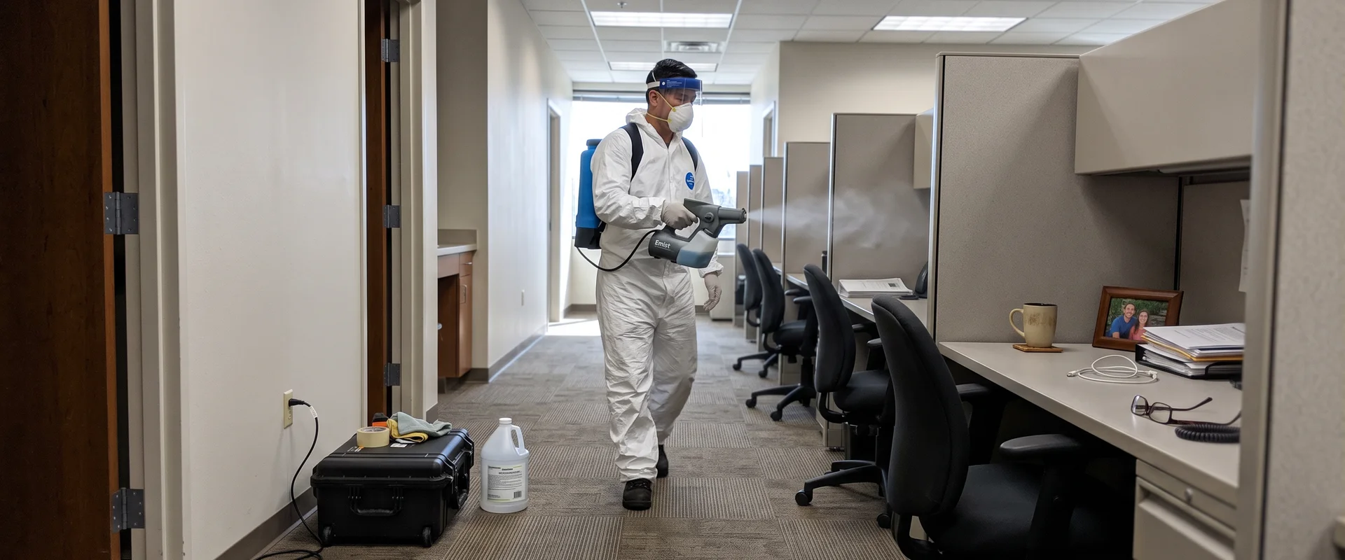 Technician applying hospital-grade disinfectant in a commercial space