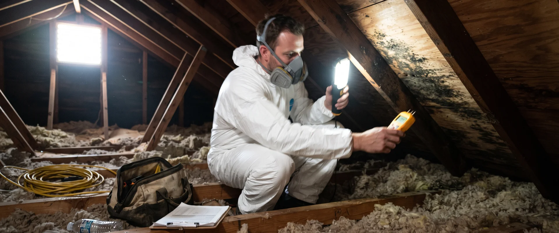 Technician inspecting mould growth on attic rafters with a moisture meter
