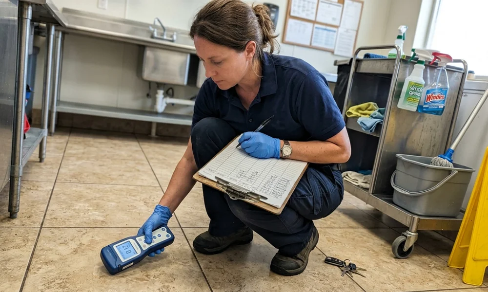 Technician using a handheld ATP luminometer to verify a decontaminated surface