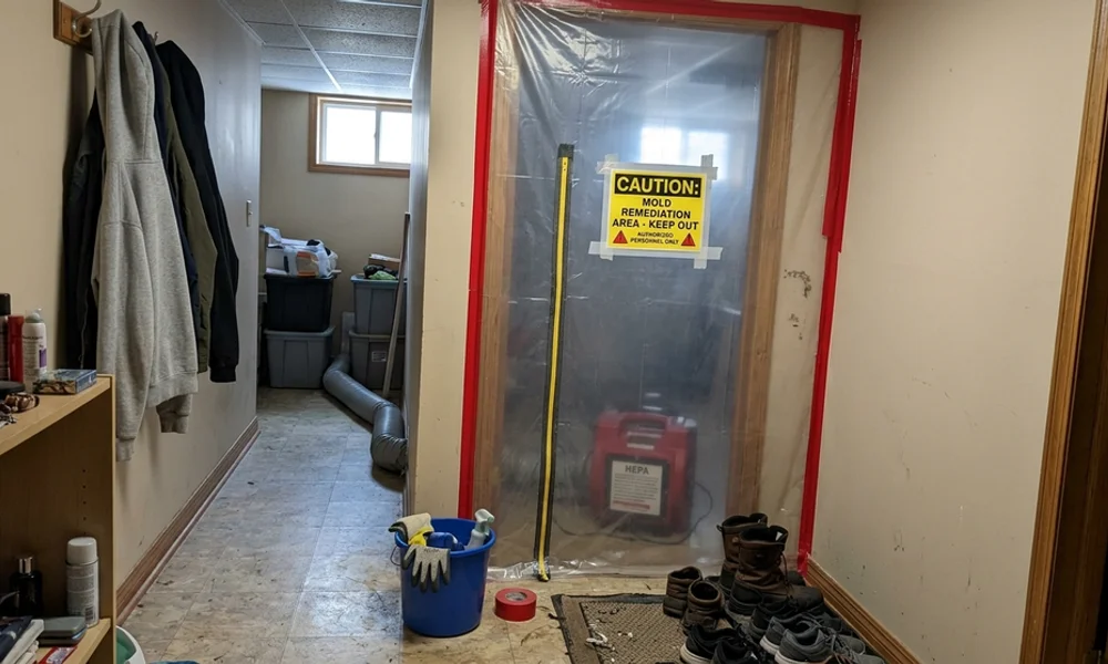 Containment barrier and negative air machine installed before mould remediation